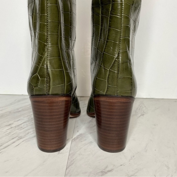 Schutz Maryana Green Crocodile Embossed Tall Block Heel Boot 5B - Picture 5 of 16